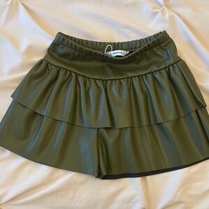 Girls Mayoral Olive Green Ruffle Leather Shorts